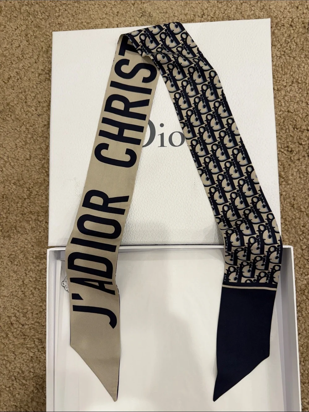 Christian Dior Bandana J’Adior Silk Twilly Scarf Ribbon Navy Beige Logo New Box - Picture 1 of 5